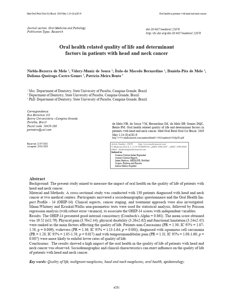Oral Health Impact in Head and Neck Cancer | PDF | Head And Neck Cancer ...