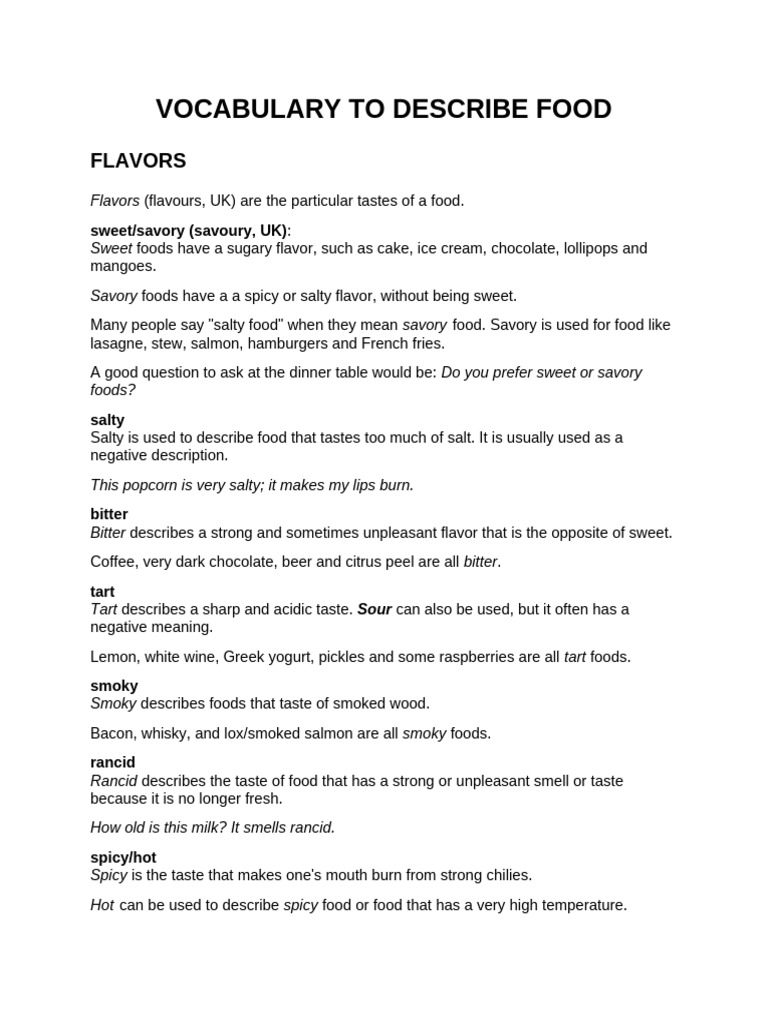 Food Flavor and Texture Vocabulary Guide | PDF | Taste | Foods