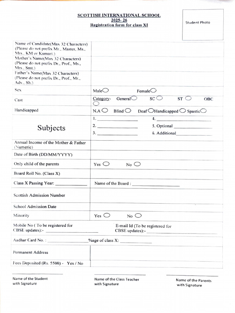Class XI Registration Form 2025-26 | PDF