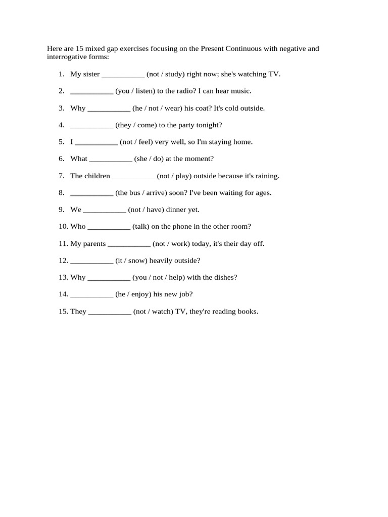 Present Continuous Negative & Interrogative Exercises | PDF