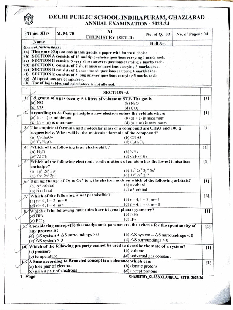 11th Final Papers 2023 24 Chem Math Phy Eng Pe | PDF