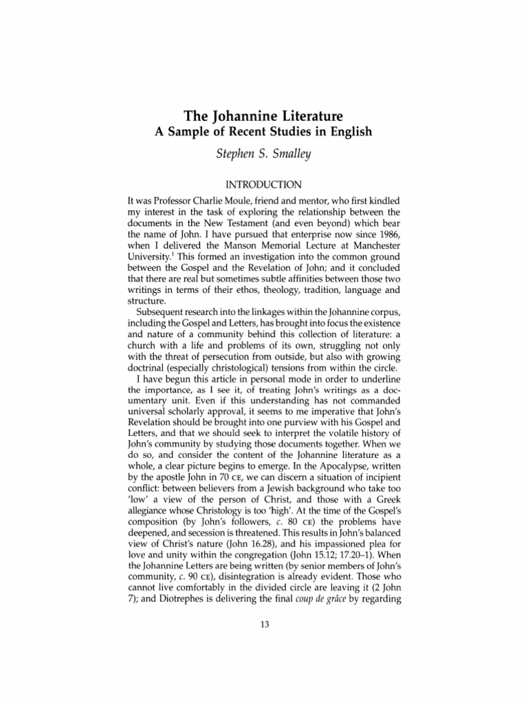 The Johannine Literature A Sample of Recent Studies in English Stephen ...