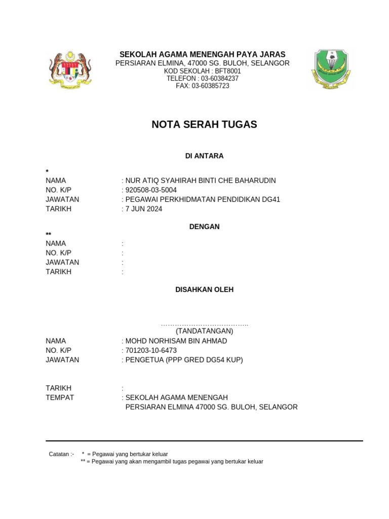 Nota Serah Tugas | PDF