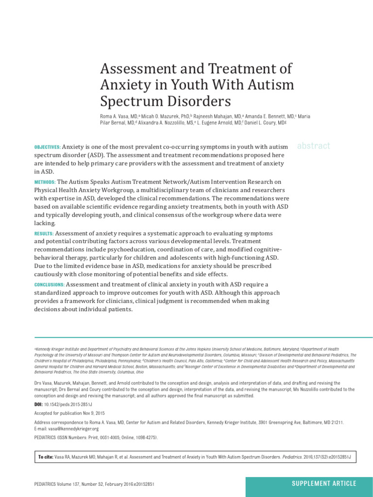 Assessment and Treatment of Anxiety in Youth With Autism Spectrum ...
