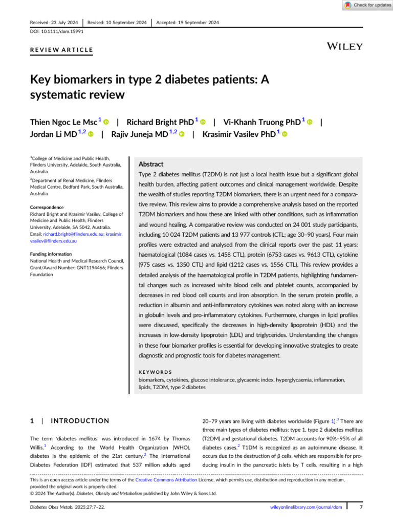 Diabetes Obesity Metabolism - 2024 - Le - Key Biomarkers in Type 2 ...