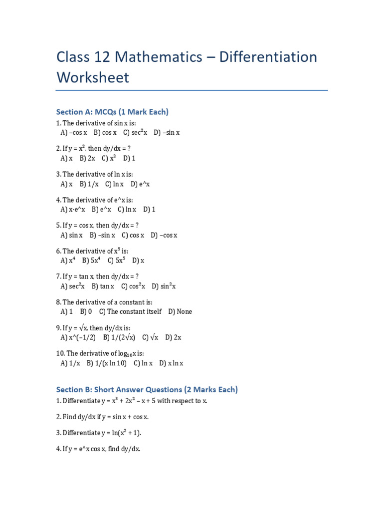 Class 12 Differentiation Worksheet Questions | PDF