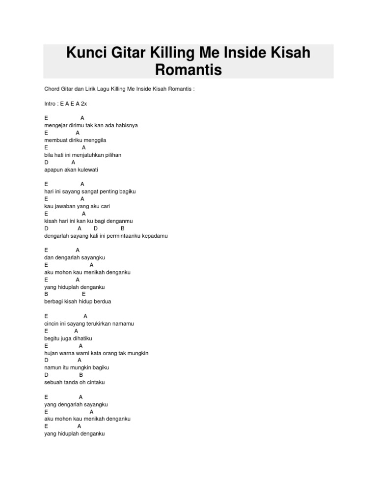 Kunci Gitar Killing Me Inside Kisah Romantis
