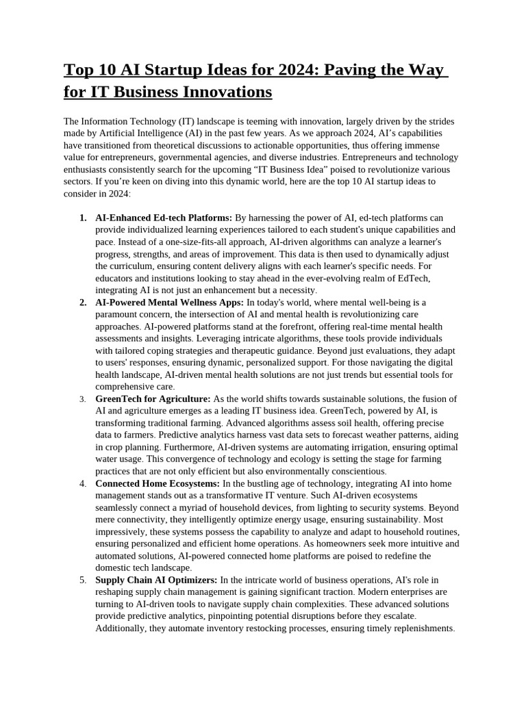 Top AI Startup Ideas for 2024 | PDF | Artificial Intelligence ...