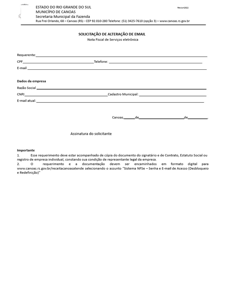 Solicitação de Alteração de Email NFSe Canoas | PDF