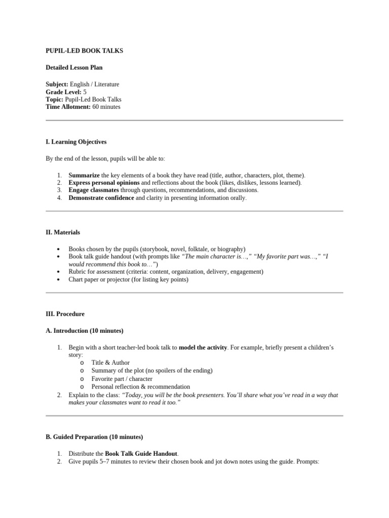 Pupil-Led Book Talks Lesson Plan | PDF | Cognition | Education Theory