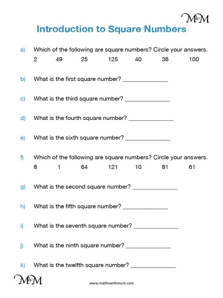 Square Numbers Worksheet 2 | PDF