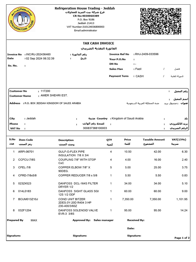Jeddah Refrigeration Invoice Details | PDF