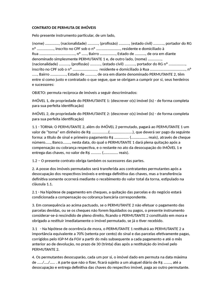 Contrato de Permuta de Imóveis | PDF | Cheque (banco)