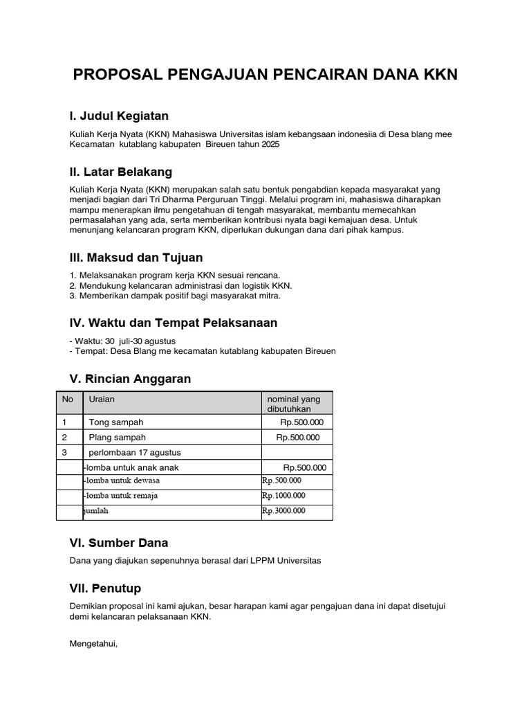 Proposal Dana KKN 2025 Bireuen | PDF