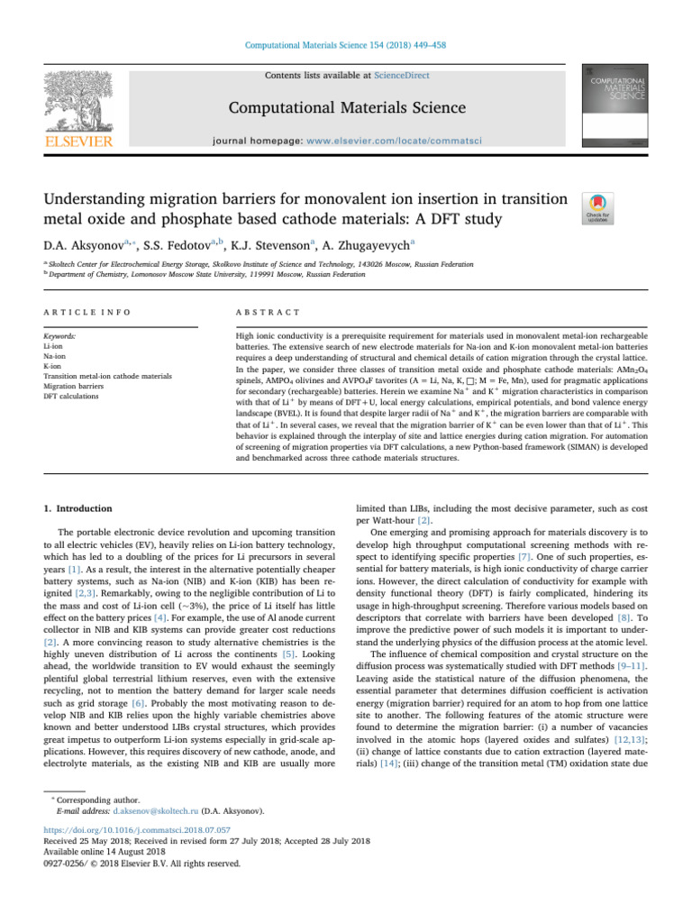 Ion Migration Barriers in Battery Materials | PDF | Lithium Ion Battery ...