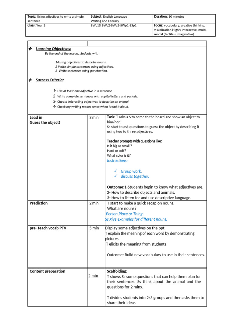 Adjective-Focused Writing Lesson Plan | PDF | Hypnosis | Adjective