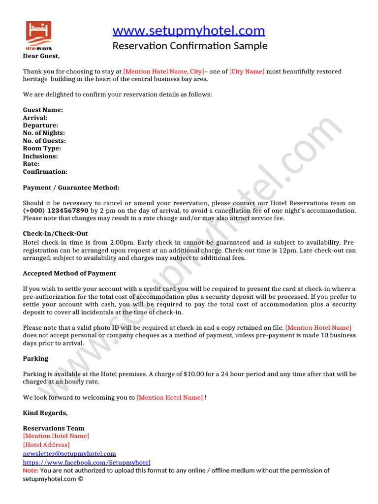 Hotel Reservation Confirmation Template | PDF