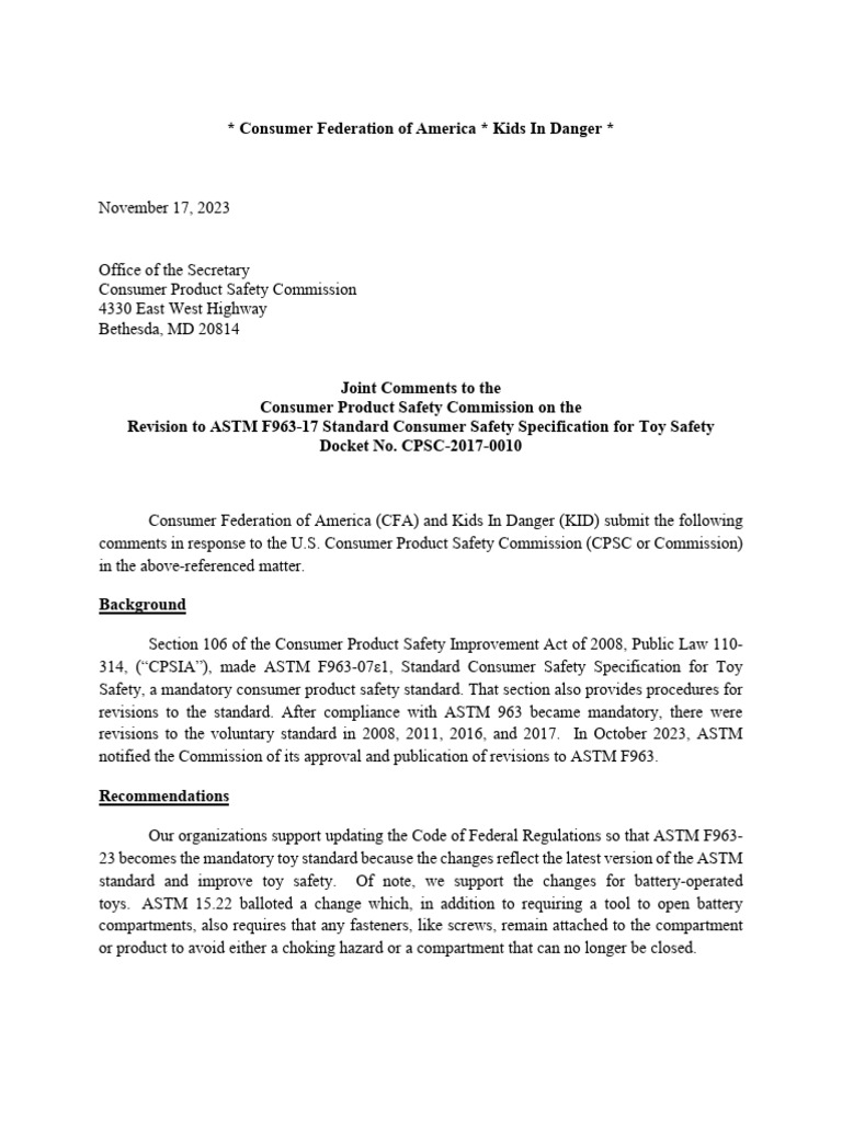 Support for ASTM F963-23 Toy Standard | PDF | Safety | Consumer Protection