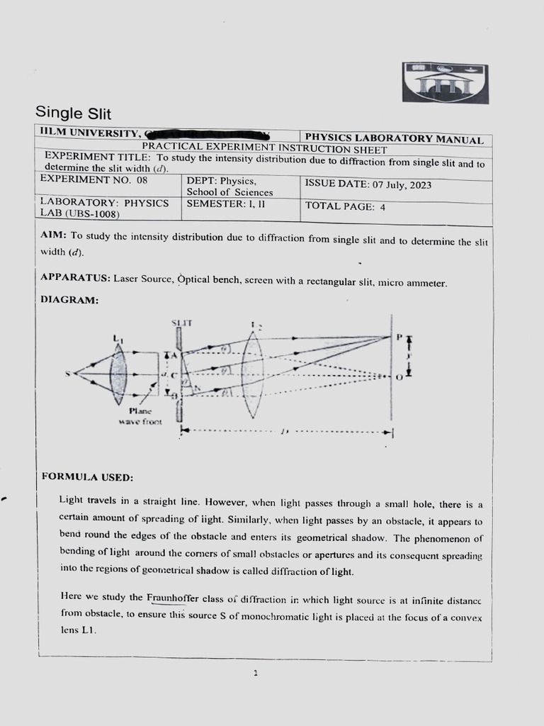 Single Slit Experiment | PDF | Diffraction | Electrodynamics