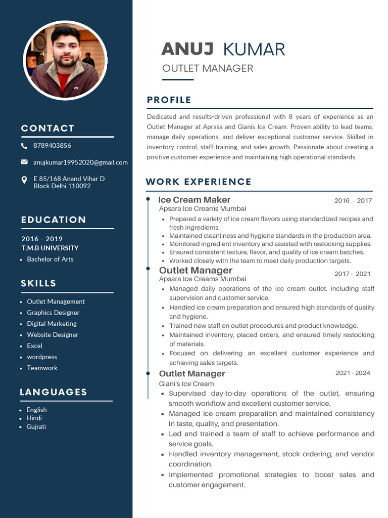 Outlet Manager with 8 Years Experience | PDF | Ice Cream