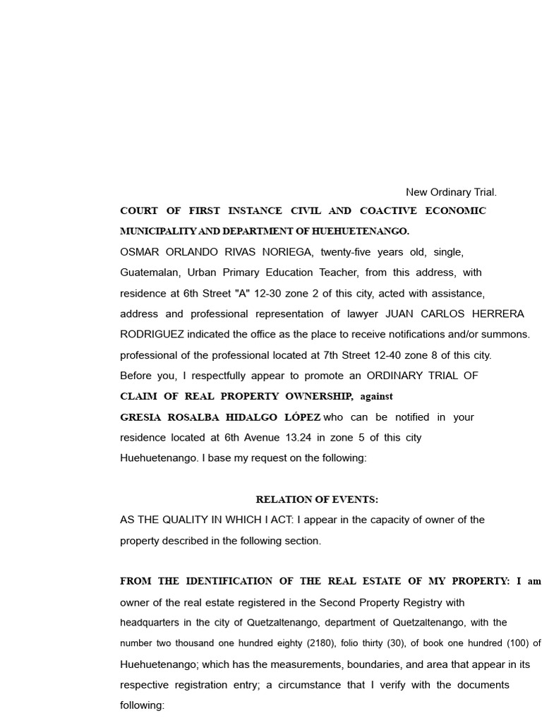 Ordinary Lawsuit For Repossession of Property | PDF | Lawsuit | Complaint