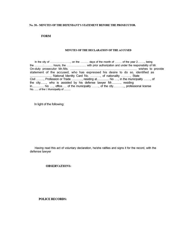 No. 20 ACT OF DECLARATION OF THE DEFENDANT BEFORE THE PROSECUTOR. FORM ...