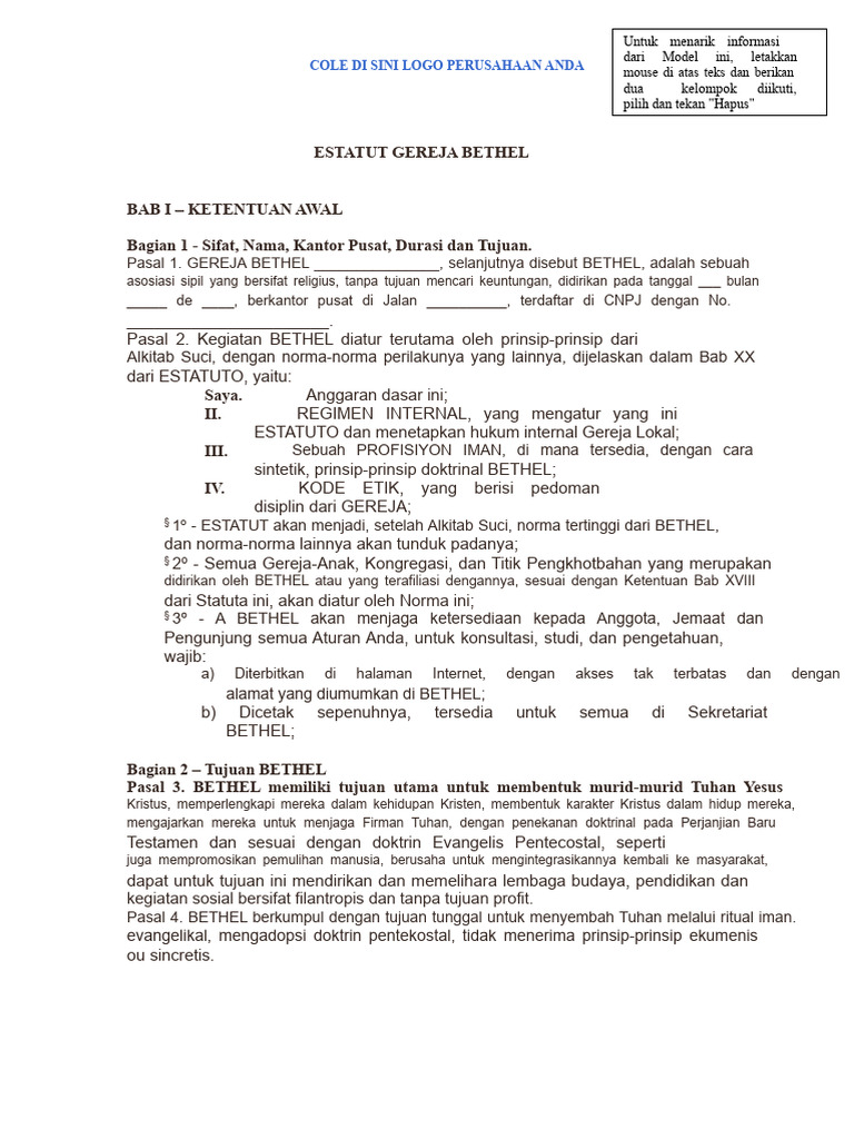 Statuta Gereja Bethel: Tujuan dan Aturan | PDF