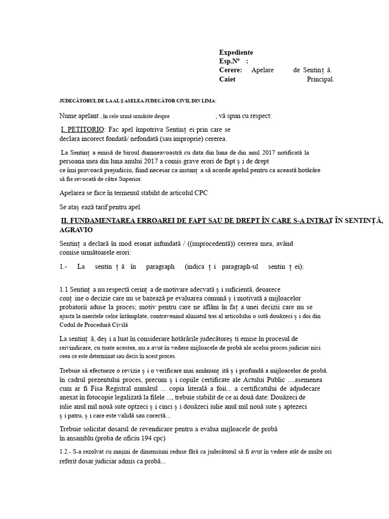 Model de Scrisoare de Apel Împotriva Sentinței | PDF
