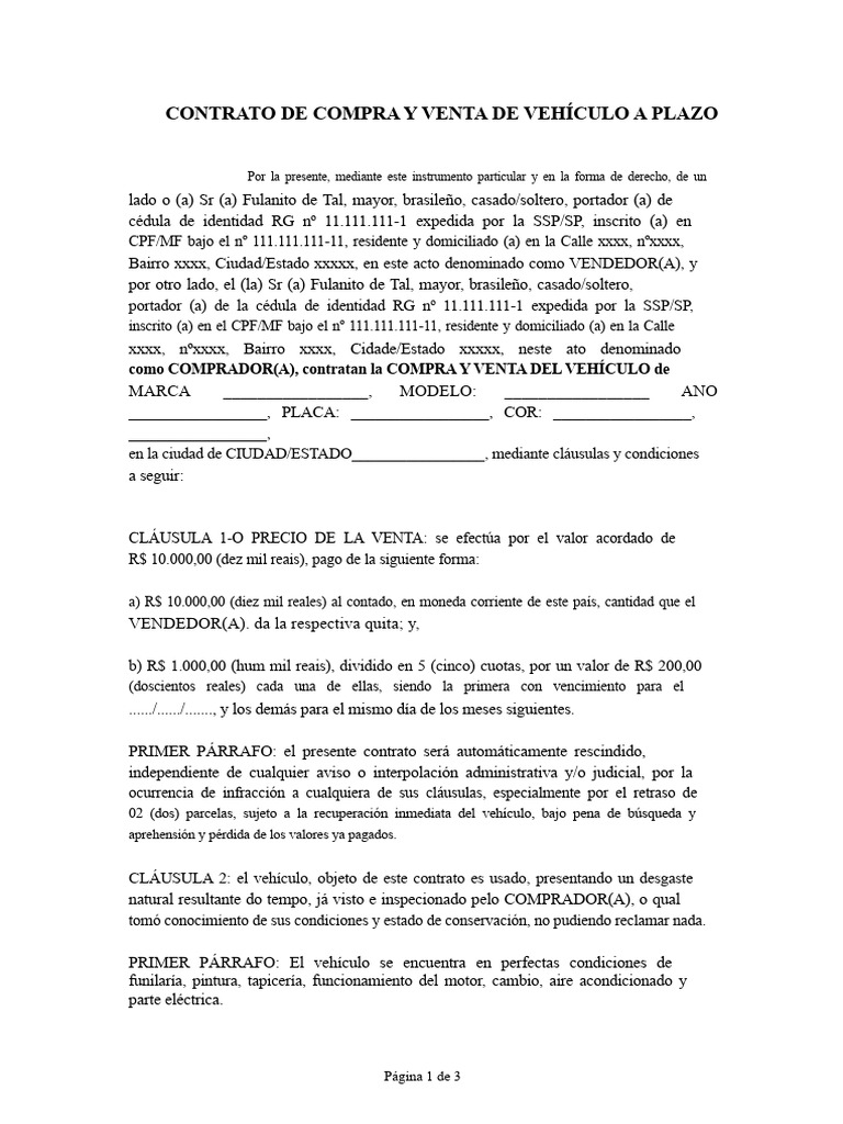 Modelo - Contrato de Compra y Venta de Vehículo (A Plazos) | PDF