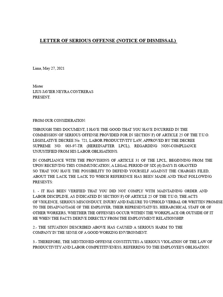 Notice of Dismissal for Serious Offense | PDF