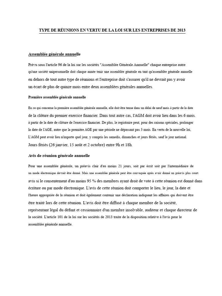 Types de réunions selon la loi de 2013 | PDF | Conseil d'administration
