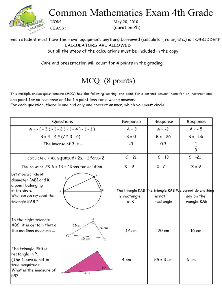 4th Grade Common Math Exam Guide | PDF | Multiple Choice | Area