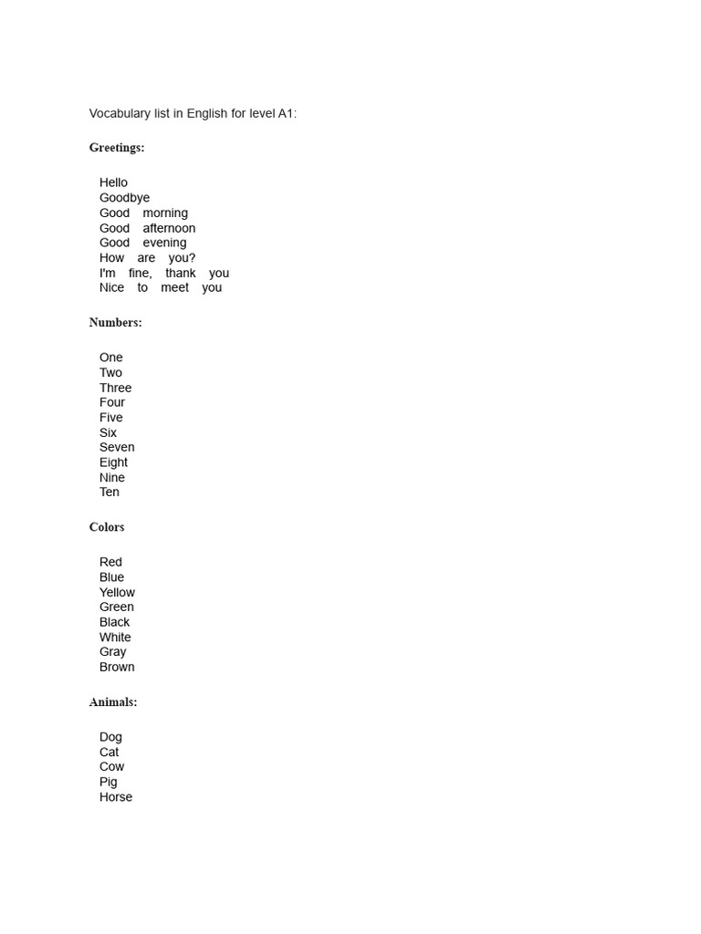 A1 Level English Vocabulary List | PDF