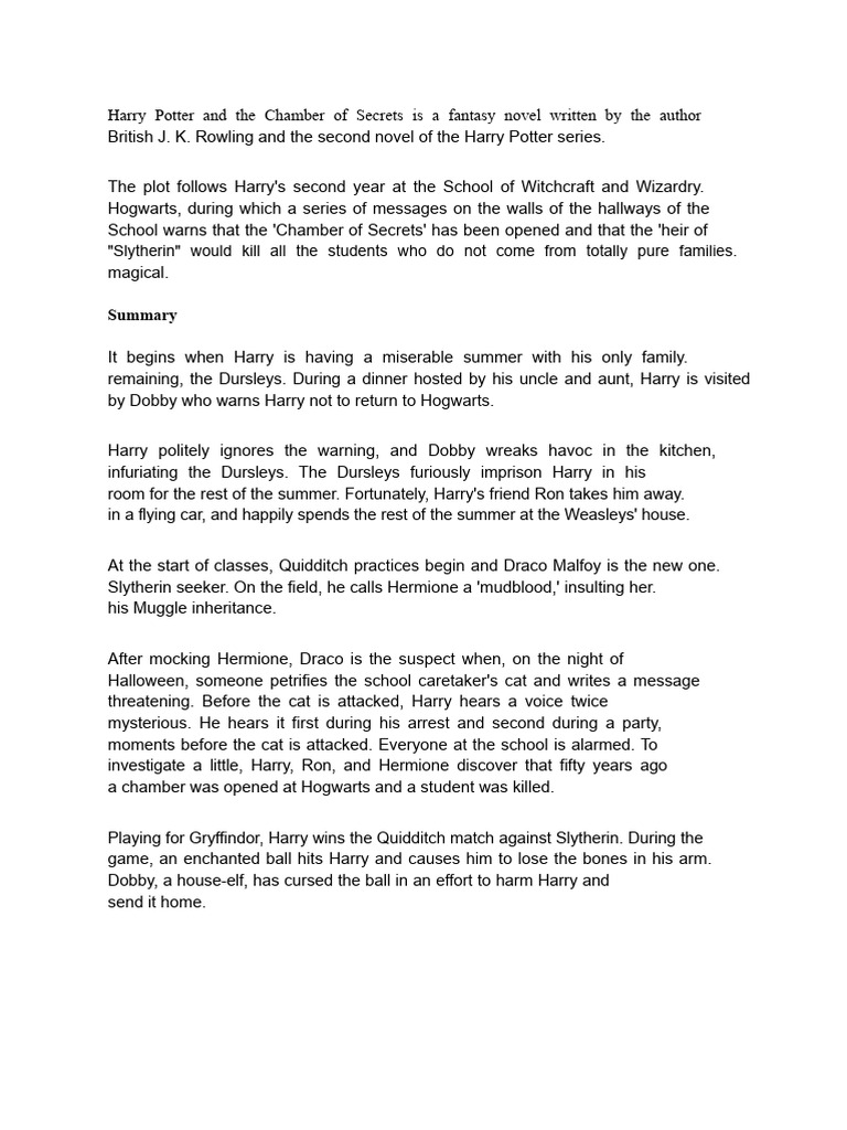 Harry Potter: Chamber of Secrets Summary | PDF | Harry Potter | J. K ...
