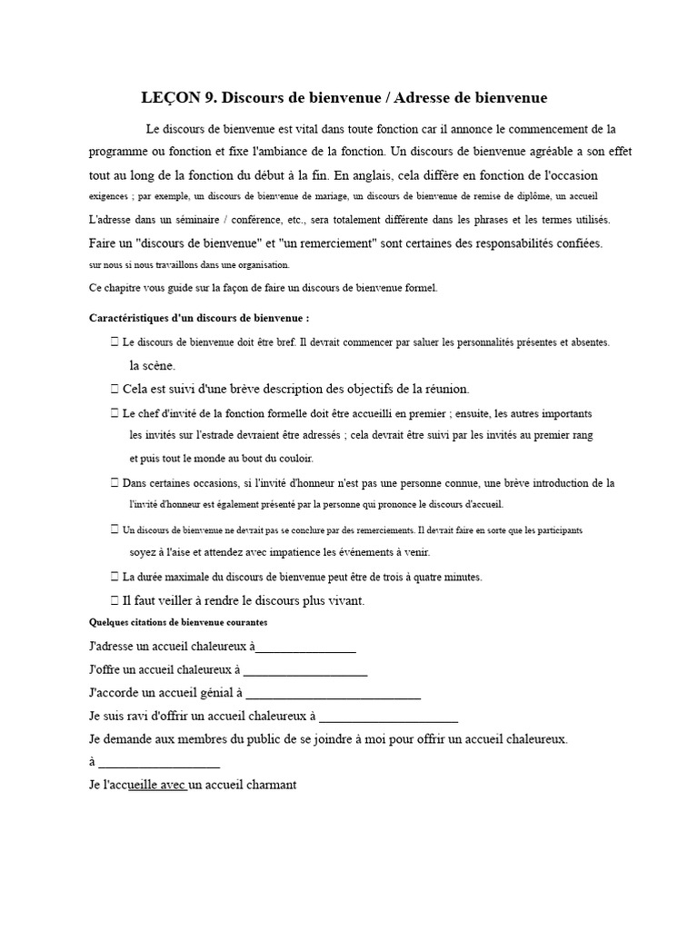 Guide du discours de bienvenue | PDF