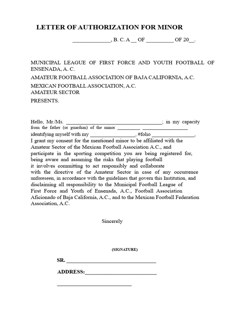 Minor Football Authorization Letter | PDF