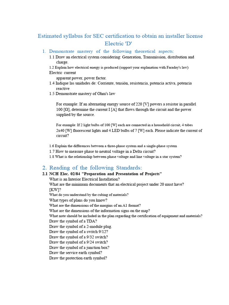 Syllabus Dear Certification SEC To Apply For Electrical Installer ...