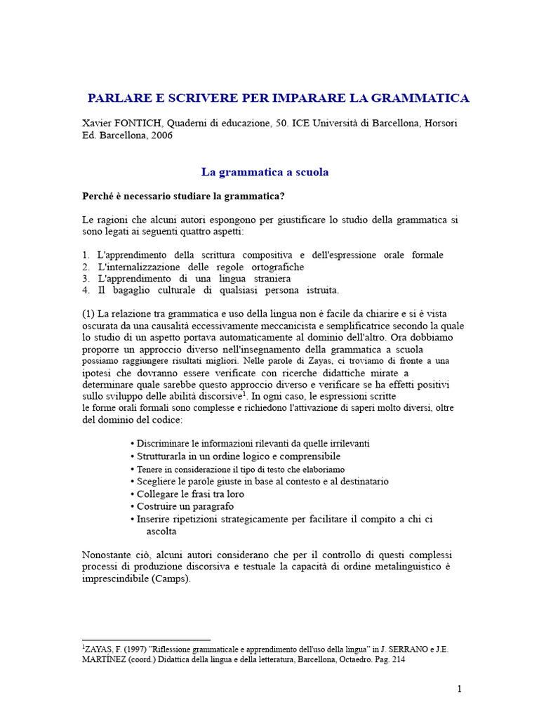 Parlare e Scrivere Per Apprendere La Grammatica | PDF