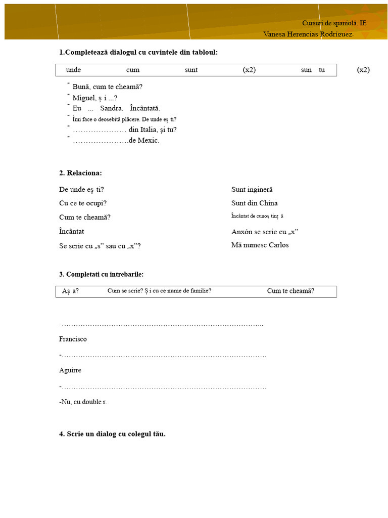 Dialoguri de Prezentare Exercițiu Scris (Ziua 1) A1 | PDF