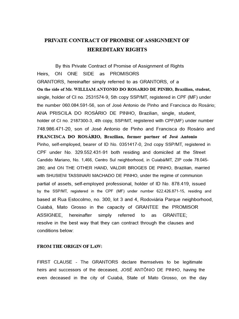 Private Contract of Promise of Assignment of Hereditary Rights | PDF ...