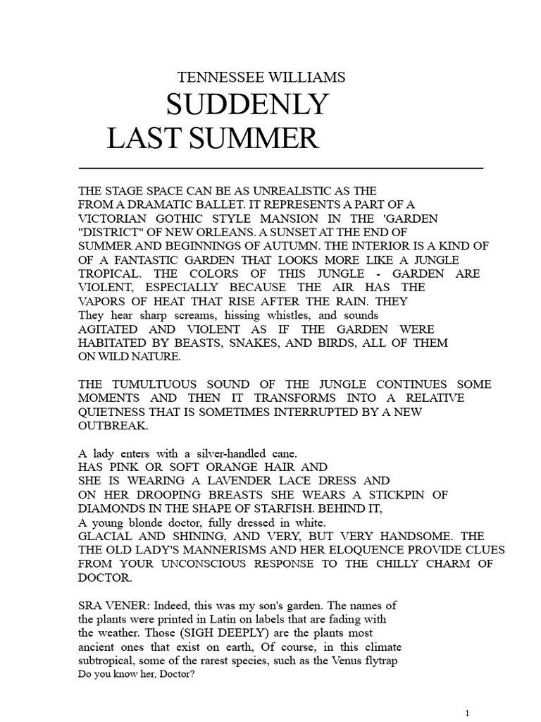 Tennessee Williams' "Suddenly Last Summer" Analysis | PDF
