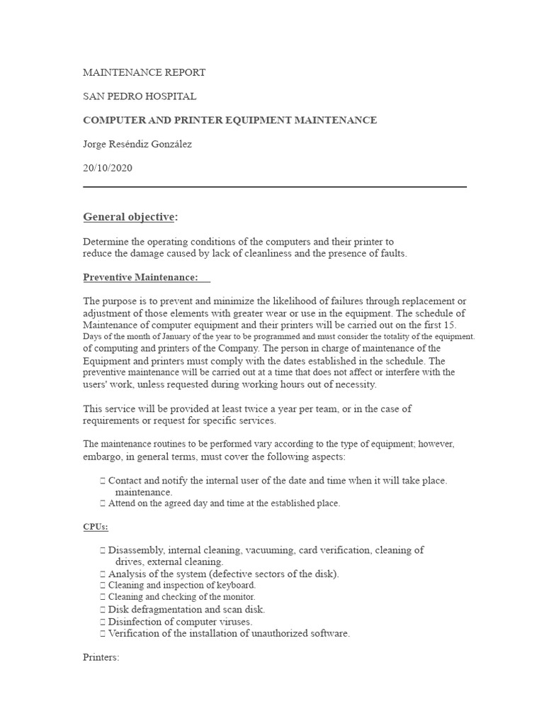 San Pedro Hospital Equipment Maintenance Report | PDF | Verification ...