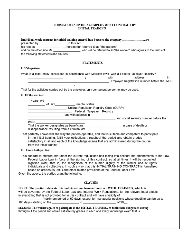 03-Individual Employment Contract Format For Initial Training | PDF ...
