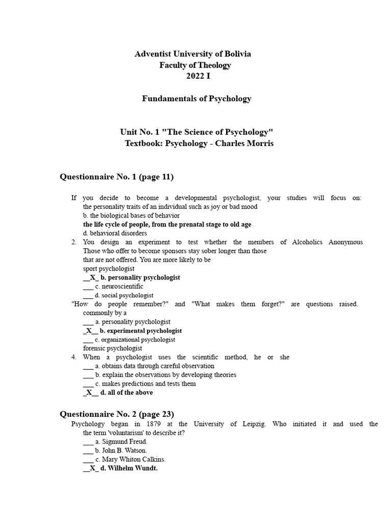 1. Fundamentals of Psychology Questionnaire Unit 1 The Science of ...