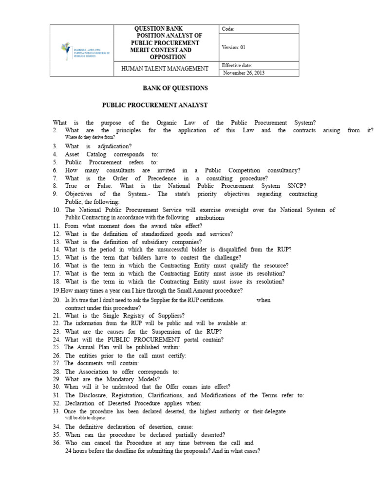 Public Procurement Analyst Question Bank | PDF | Waste | Employment