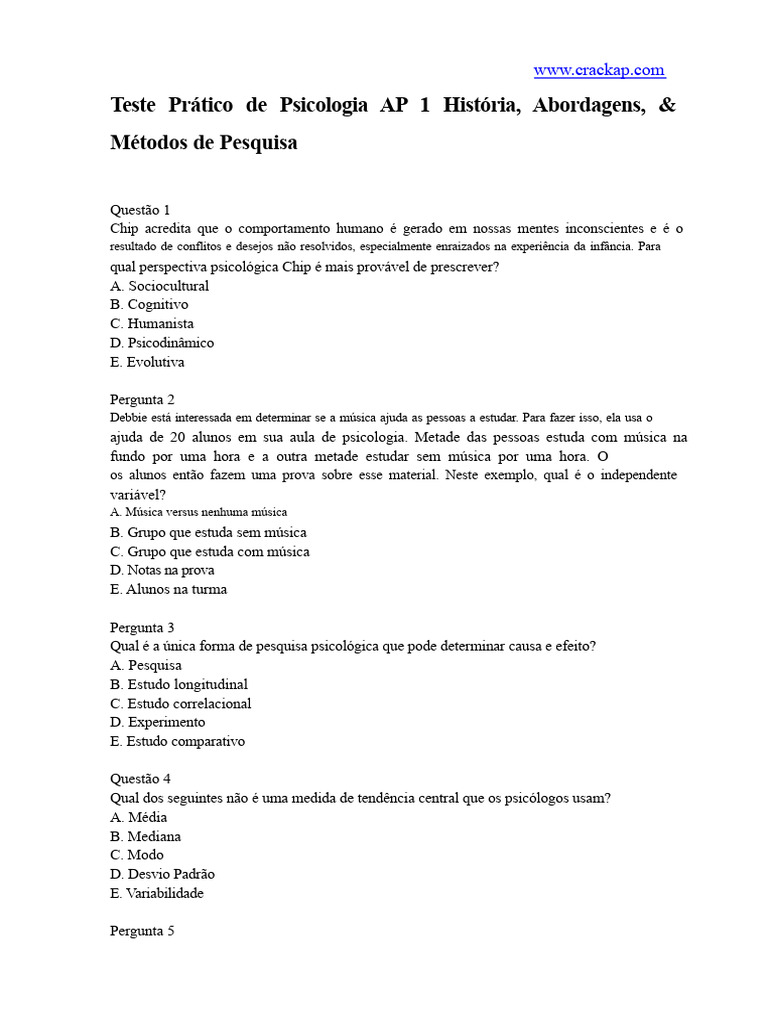 Teste Prático De Psicologia Ap 1 História Abordagens E Métodos De