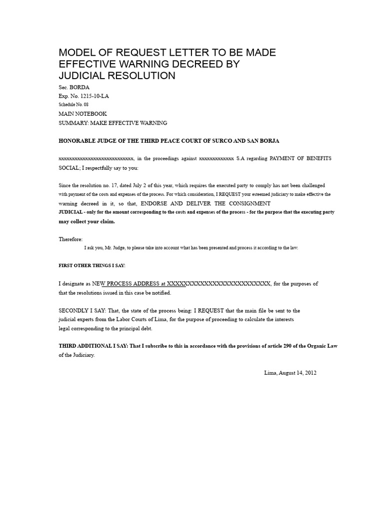 Model of Request Writing To Make Effective The Warning Issued by ...
