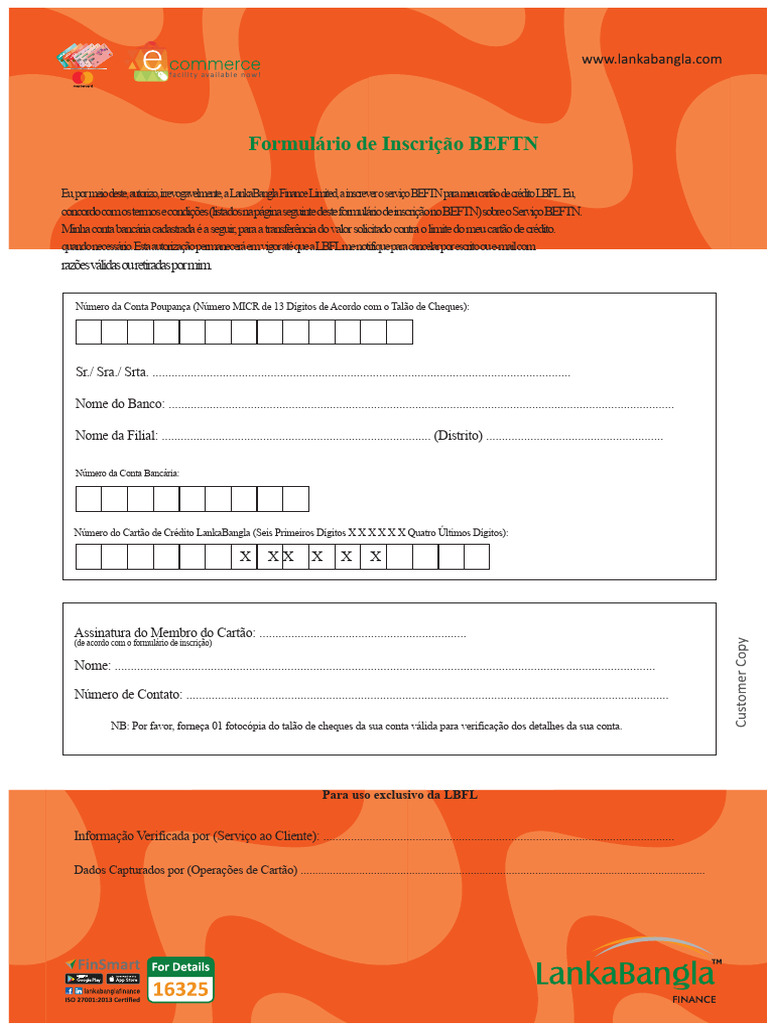 Formulário de Inscrição BEFTN LBFL | PDF | Cartão de crédito | Conta de ...