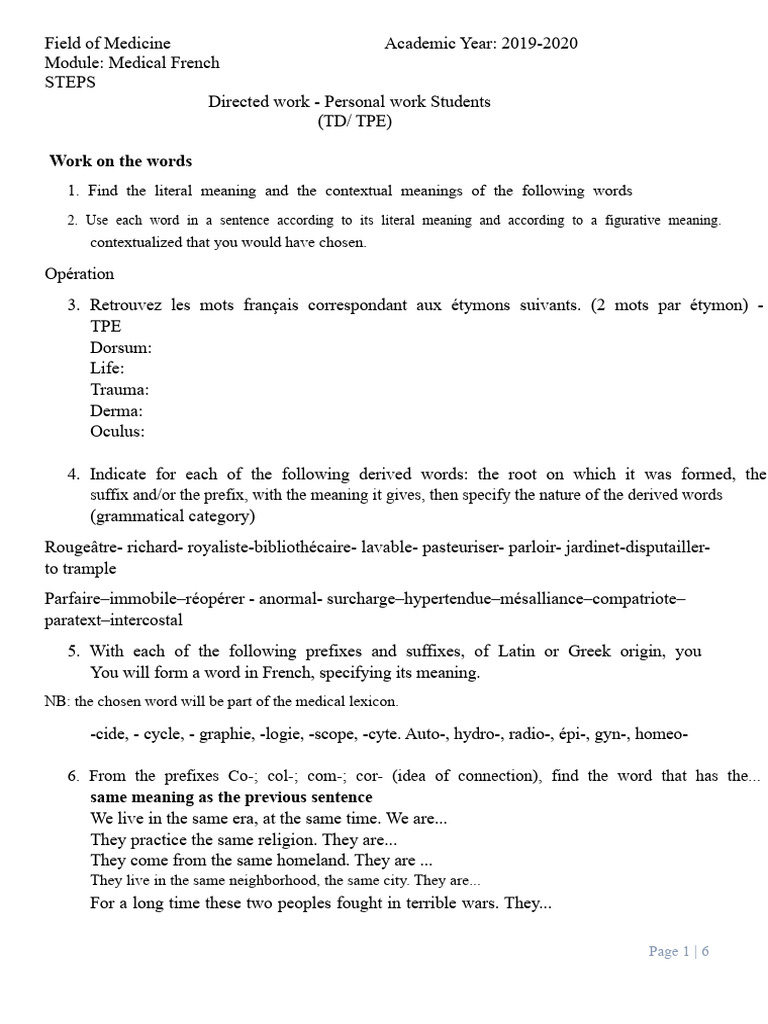 Medical French Vocabulary Exercises | PDF | Word