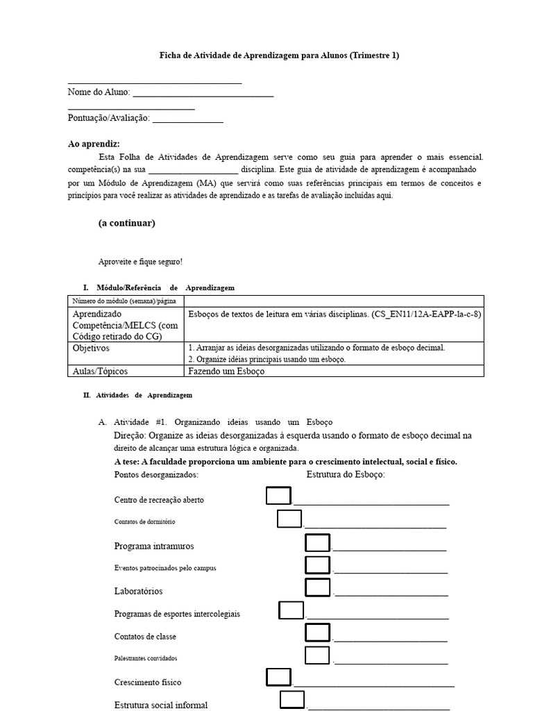 Atividades de Aprendizagem para Alunos | PDF | Aprendizado | Lição de casa